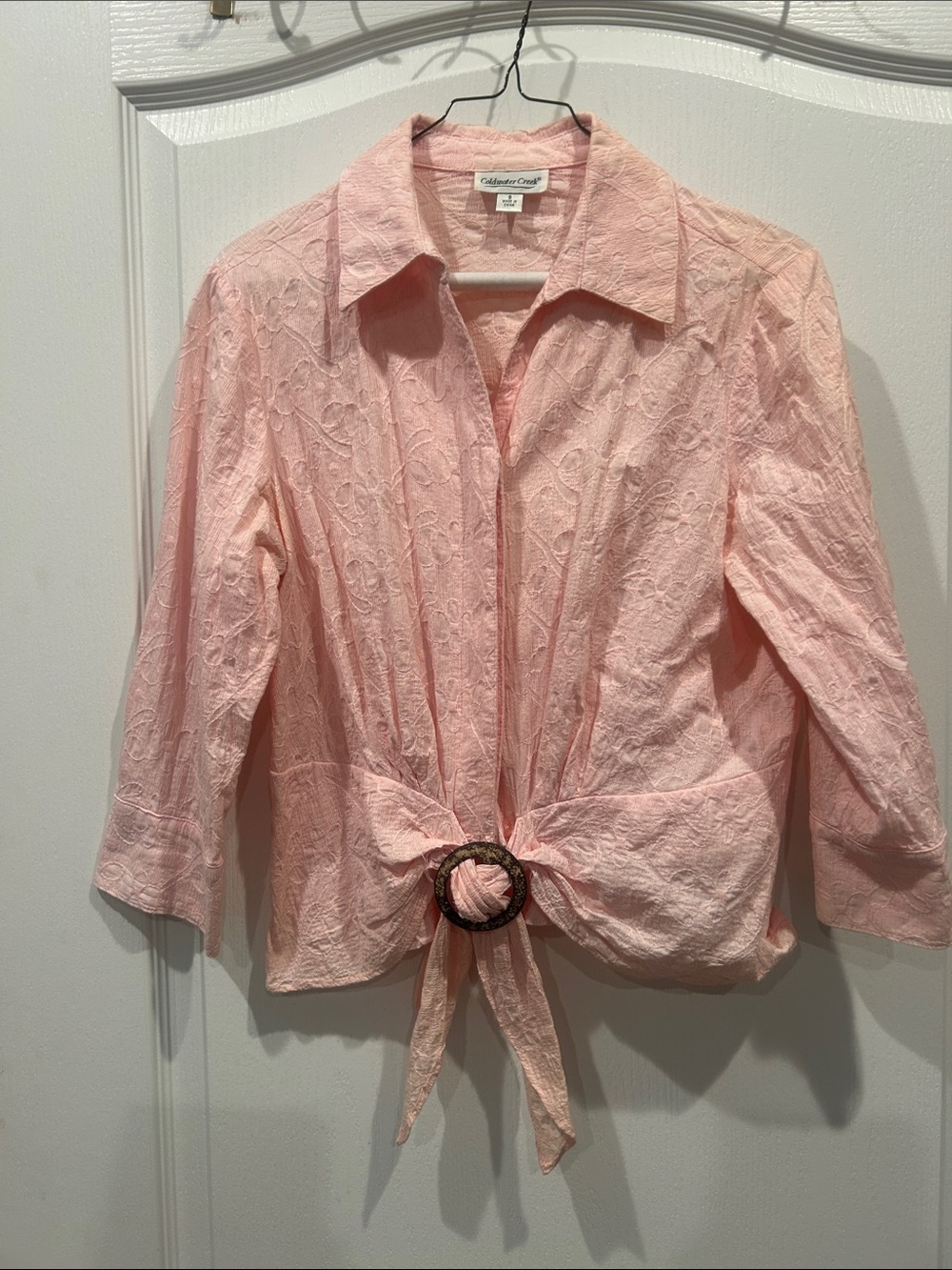 Coldwater Creek Pale Pink textured stitched flower button Tie-Front Shirt small
